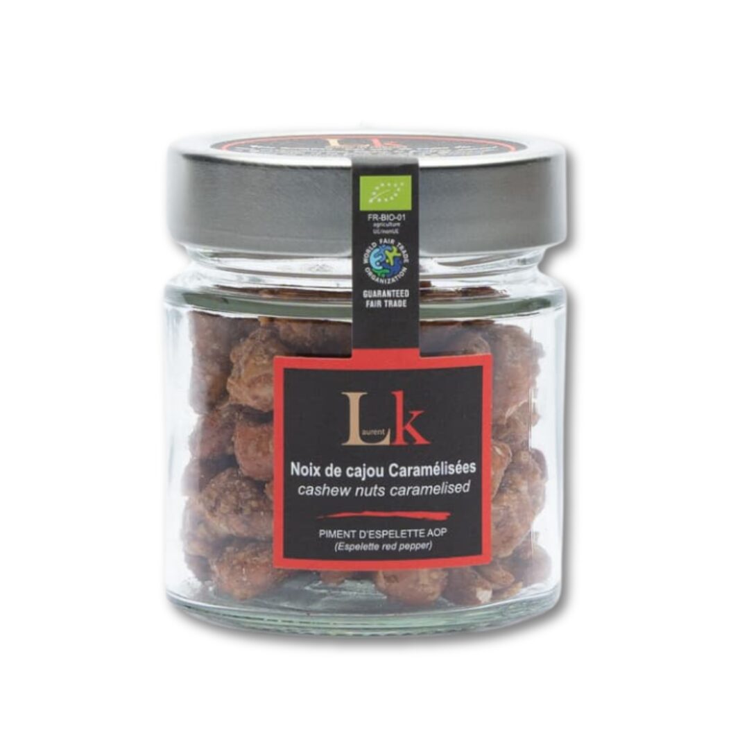 NOIX CAJOU CARAMELISEE et ESPELETTE BIO 100G lk chocolatier
